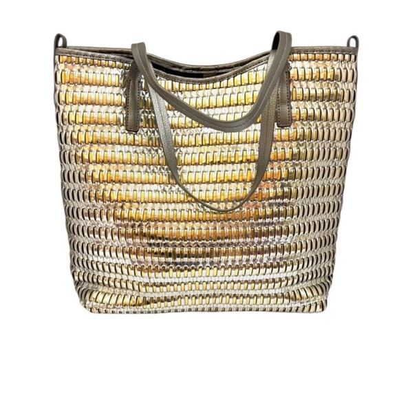 Botkier Large Silver/ Gold Metallic New York Leather Woven Tote Bag Purse